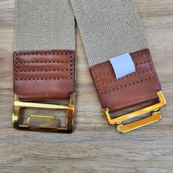 💜Tan w/Gold Toned Interlocking Buckle Wide Elastic Belt - Picture 6 of 7